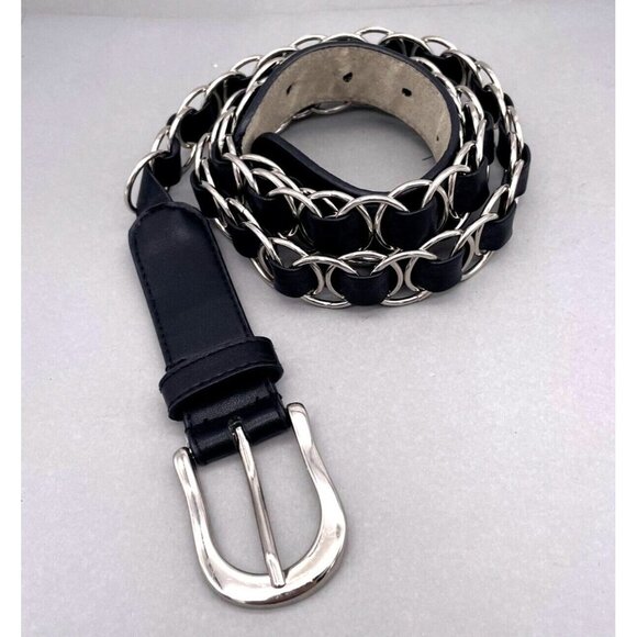 Women's Interlocking Black Leather Belt Adjustable Buckle Closure 52 Inches - Picture 2 of 8